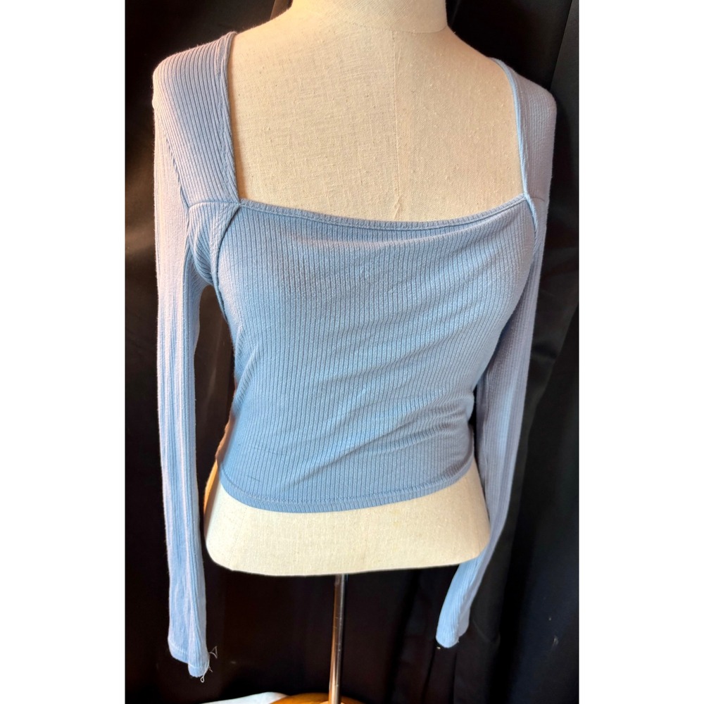 SHEIN Light Blue Ribbed Knit Square Neck Tie Waist Long Sleeve Crop Top Small